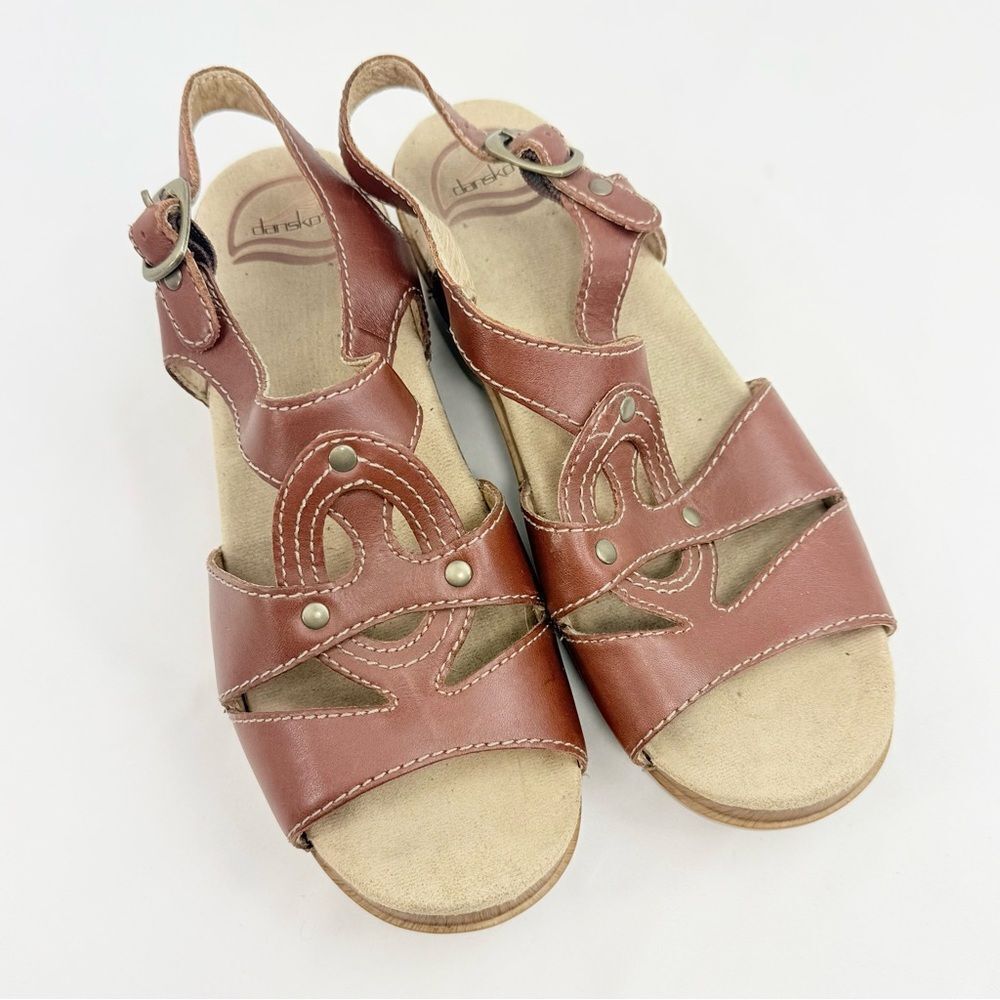 Dansko SINGRID Brown Leather Open Toe Chunky Woodgrain Heel Slingback Sandals - Picture 4 of 12